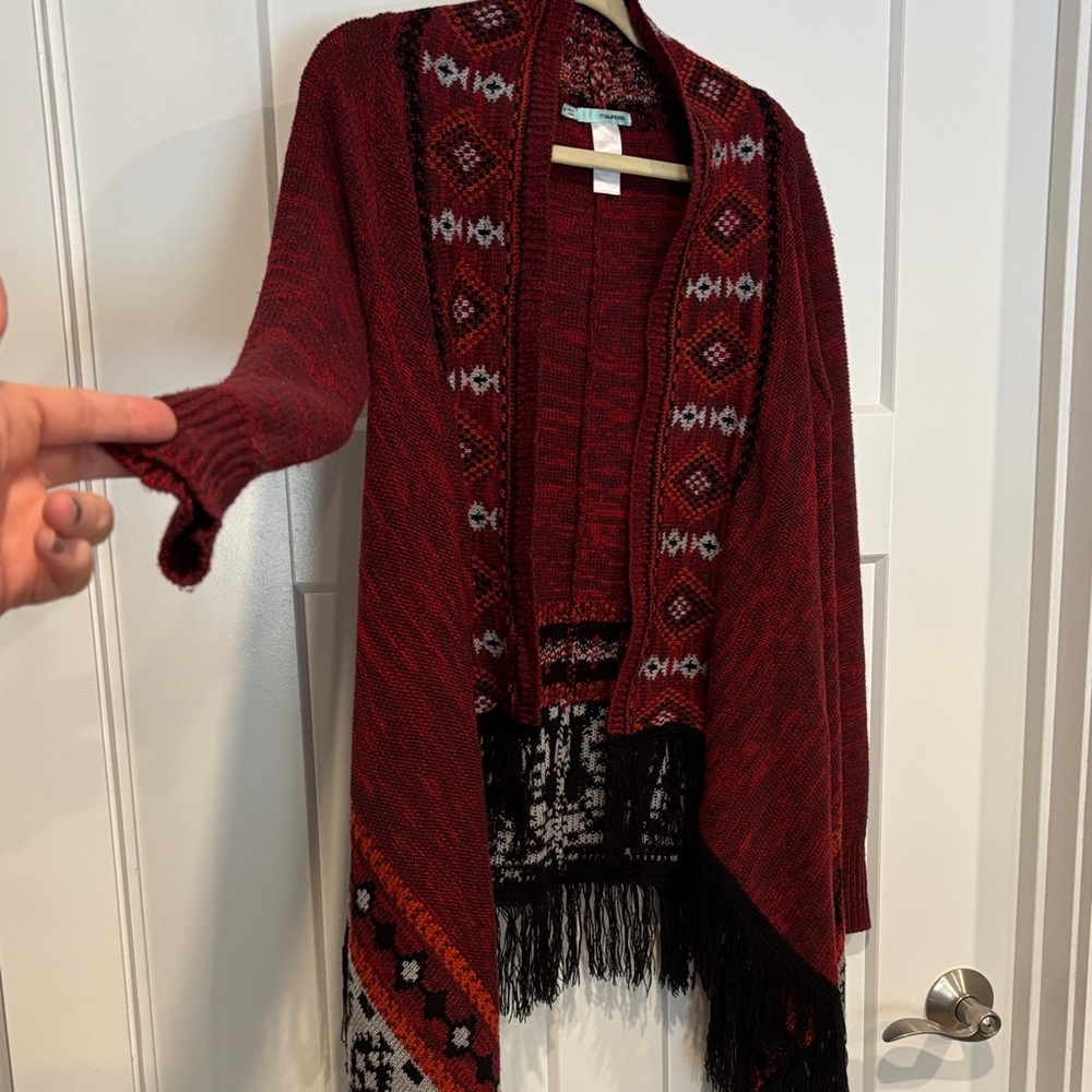 Boho Maurices Burgundy and Black Fringe Cardigan - Picture 3 of 12
